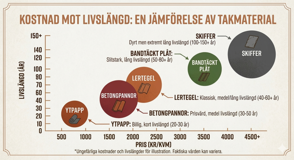 Tabell över takmaterials kostnad över livstid.